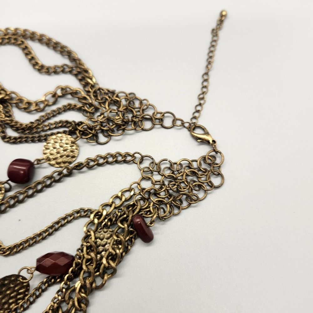 Long Multi-Strand Layered Statement Necklace Antique Gold Tone Red Orange Beads - Picture 3 of 3